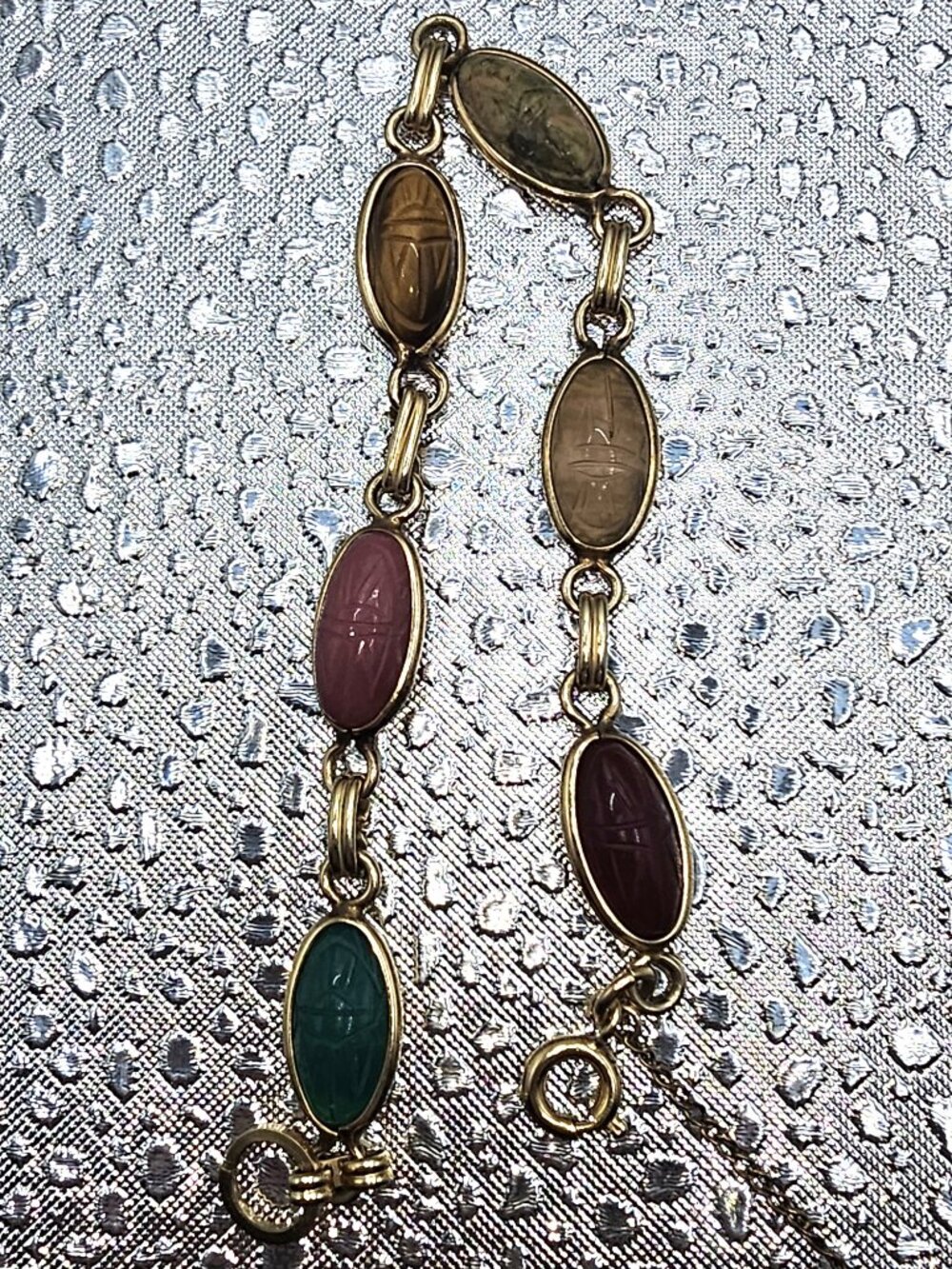 Bojar 12K Gold Filled Stone Carved Scarab Bracelet Vintage Egyptian Revival 6.5"